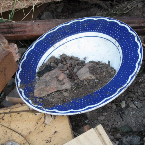 Blue bowl filled with soil