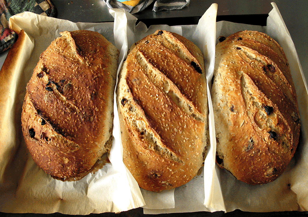 Three loaves of the bread straight out of the oven