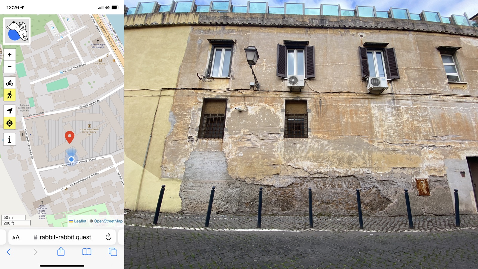 Composite image with my location on the left and on the right, the quest: a wide-andle photo of a wall missing most of its stucco at the bottom, revelaing ancient brickwork and two courses of windows, the lower ones barred, the uppwer ones with shutters. Above, a fence of glass panels.