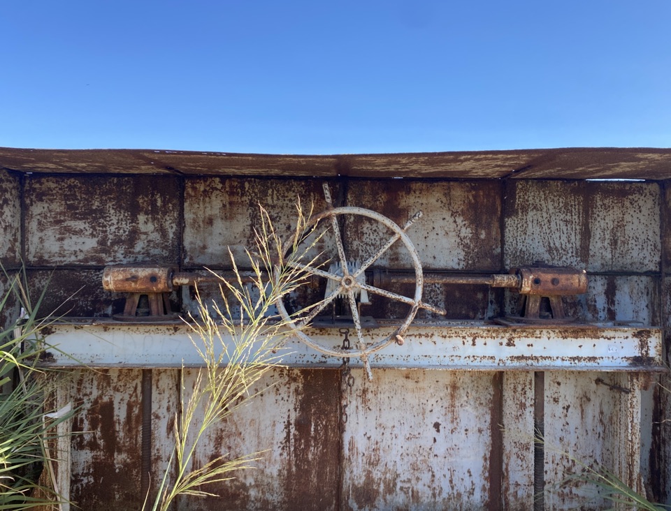 A rusty sl;uice gate with a very blue sky above and a grass seed head in front. There is a six-handled wheel that can be used to raise and lower the gate.