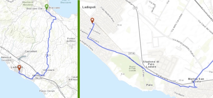 Two maps, one on the left plotting the entire route and the other, on the right, a detail near the end of the route, to avoid a very busy road.