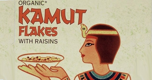 Artwork from a cereal packet of Organic Kamut Flakes with raisins, showing a supposed Egyptian person holding a bowl of breakfast cereal