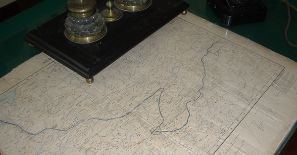 Vavilov’s desk, on which is an inkstand and a map showing one of his plant collecting missions